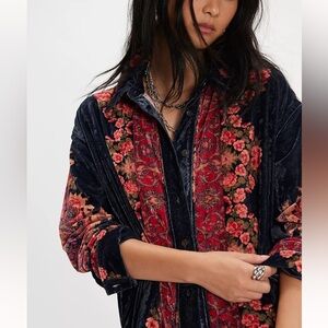 Free People Floral Velvet Button Down Shirt - Red and Blue
